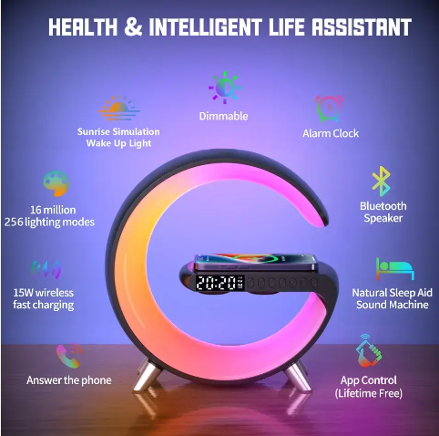 Multi-function 15W 9 in 1 Wireless Charger Phone fast Charging dock With Speaker Alarm Clock App Control Desk RGB Night Lamp